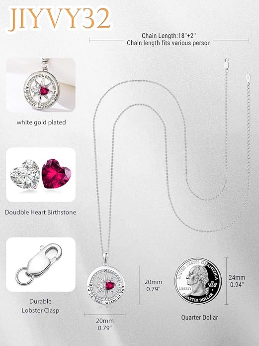 Compass Necklace for Women, Exquisite S925 Valentines Day Anniversary Birthday Gifts for Wife Her Double Birthstone Pendant Jewelry ‘I'd be Lost Without You’