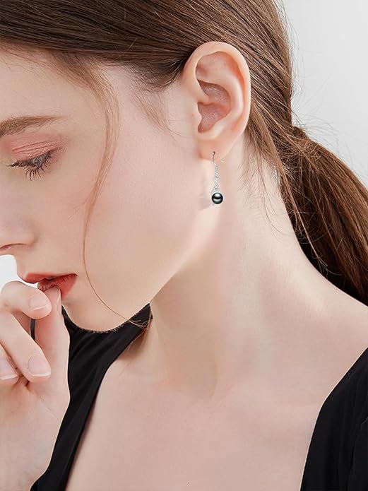 Tahitian Black Pearl Earrings Gifts for Women Wife Celtic Dangle Drop Earrings Wedding Birthday Anniversary Jewelry Valentines Christmas Day Gifts 925 Sterling Silver