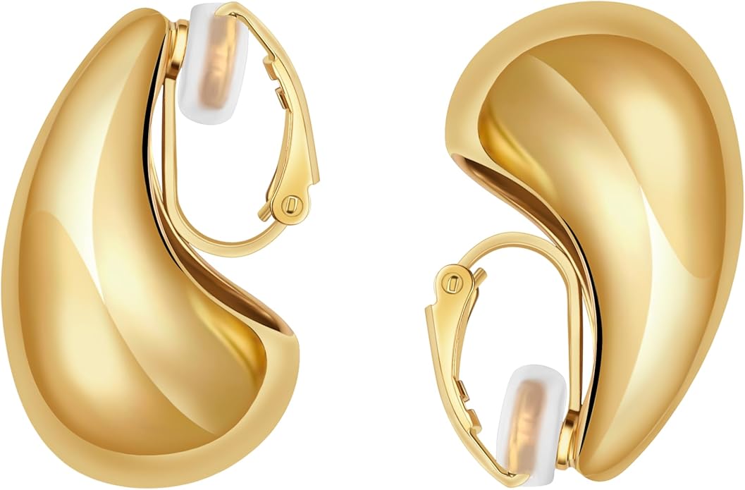 Clip on Earrings Women, 14K Gold Hoop Clip-On Earrings for Women, Hypoallergenic Non Pierced Croissant Earrings
