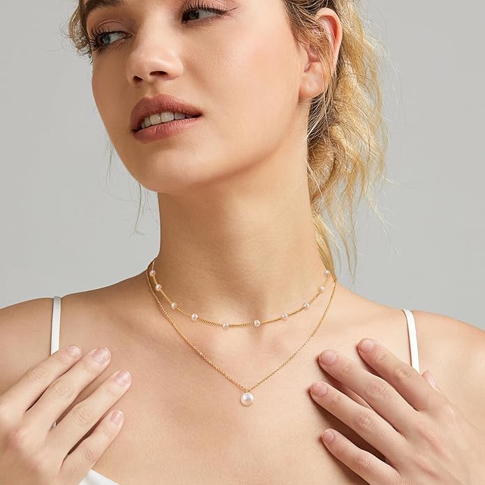 Gold Jewelry Set for Women - Dainty 14K Gold Plated Pearl Necklace and Earring Set with Drop Earrings, Bracelets, Choker Necklace - Wedding Jewelry Gift