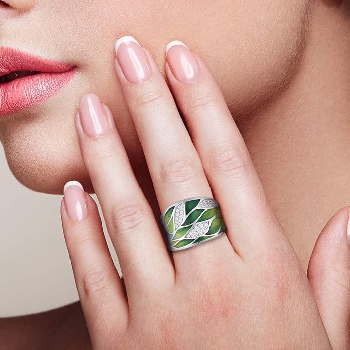 Santuzza 925 Sterling Silver Bamboo Leaves Ring Handmade Enamel Leaf Pattern Ring for Women
