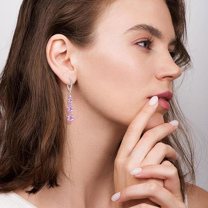 Women 925 Sterling Silver Birthstone 3-stone Leverback Drop Dangle Earrings 5A Cubic Zirconia Jewelry for Her