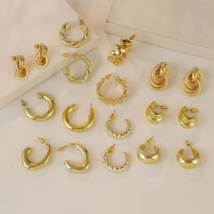 9 Pairs Chunky Gold Earrings Set for Women Trendy Lightweight Gold Plated Hoop Earrings Hypoallergenic Jewelry