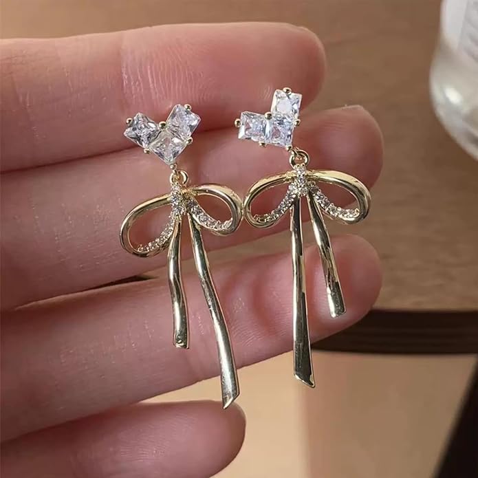 Dainty Brass Bow Dangle Earrings for Women,14K Gold Plated Brass Elegance Love Heart Cubic Zirconian Bowknot Earrings for Prom Wedding Brides