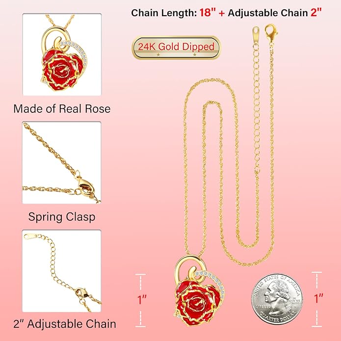 AliveRose Real Rose Gold Dipped Necklace Gifts for Women, 24K Gold Dipped Rose Pendant Necklace Jewelry Mothers Day Anniversaries Birthday Christmas Special Occasions Gifts for Her Mom Wife