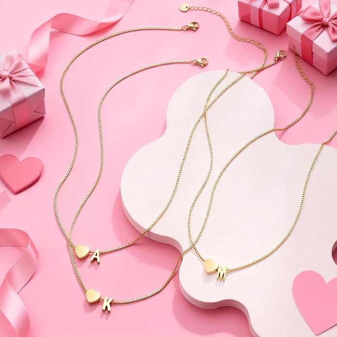 Valentines Day Gifts for Kids Women Teen Girls, 18K Gold Plated Letter A-Z Heart Initial Necklaces for Women Teen Girls Trendy Stuff Birthday Valentines Gifts for Her Mom Wife Jewelry