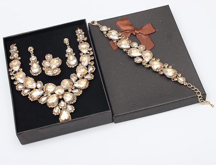 Women's Wedding Bridal Austrian Crystal Glass Teardrop Statement Necklace Dangle Earrings Bracelet Ring Wedding Party Jewelry Set for Bridal Bridesmaid