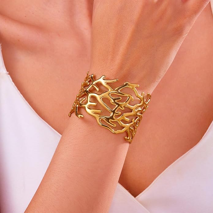 Wide Chunky Gold Cuff Bracelets for Women - Open Cuff Bangles Adjustable Wrist Bracelets, Statement Jewelry Gifts for Women