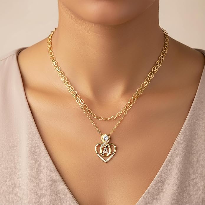 Heart Letter Necklaces for Women 14K Gold Plated Cubic Zirconia Heart Initial Layered Necklace Infinity Pendant Necklace Letter Initial Jewelry for Women