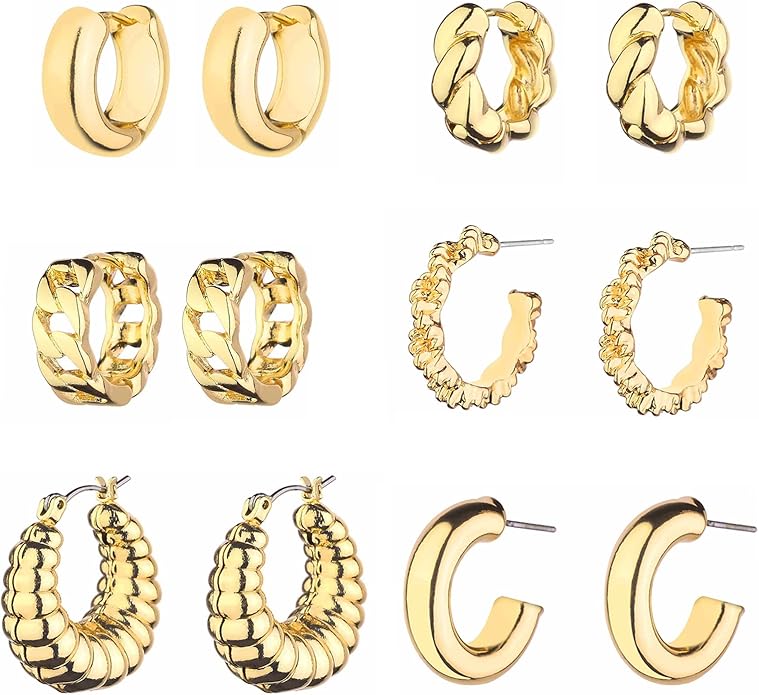 Wgoud Chunky Hoop Earrings Set 14K Gold Plated Hoop Earrings for Women Hypoallergenic, Thick Twisted Huggie Hoops Earring Set