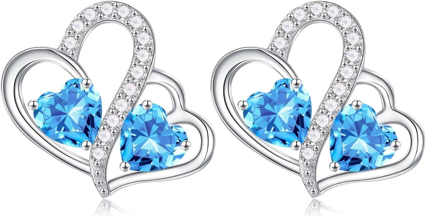 Iefil Valentines Day Gifts for Her - Birthstone Earrings Gift for Women, 925 Sterling Silver Double Heart Birthstone Earrings | Anniversary Birthday Gifts for Women, Personalized Jewelry for Wife Mom