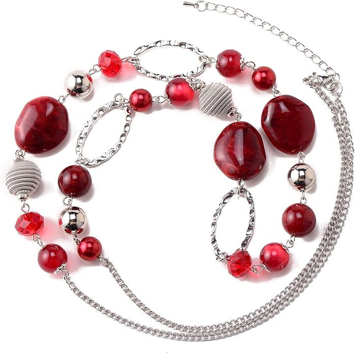 BULINLIN Beaded Long Necklace for Women Silver Sweater Chain Necklace with Crystal Resin Beads, Fashion Jewelry Necklace