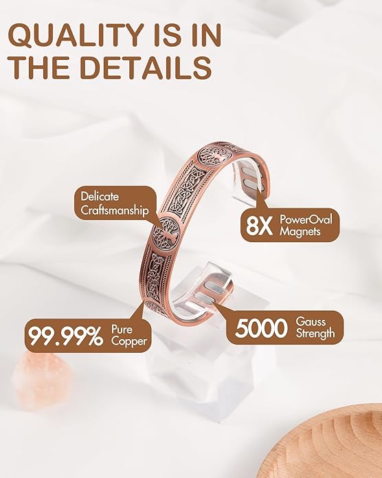 Feraco Copper Bracelet for Men, 5X Ultra Strength Magnetic Cuff Bangle with 5000 Gauss Neodymium Magnets, 99.99% Pure Copper Jewelry Gift, Adjustable