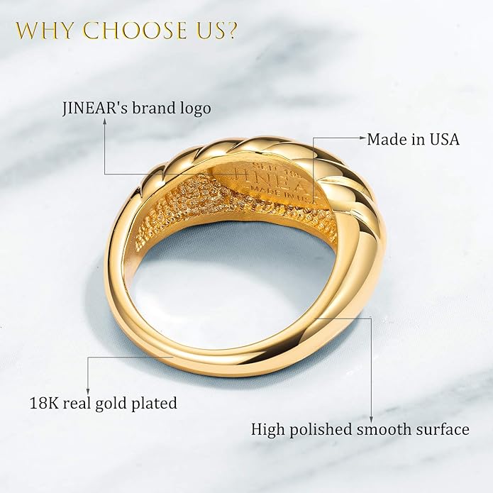 JINEAR 18k Gold Filled Chunky Rings for Women Croissant Dome Statement Ring Trendy Twisted Braided Band Stacking Star Rings Jewelry Gifts