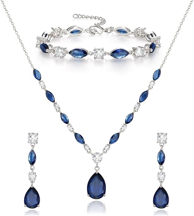 Crysdue Teardrop Bridal Jewelry Set for Wedding Party, Silver/14K/Rose Gold Plated Prom Costume Jewellery for Bride Bridesmaids Women, Cubic Zirconia Necklace Dangle Earrings Bracelet