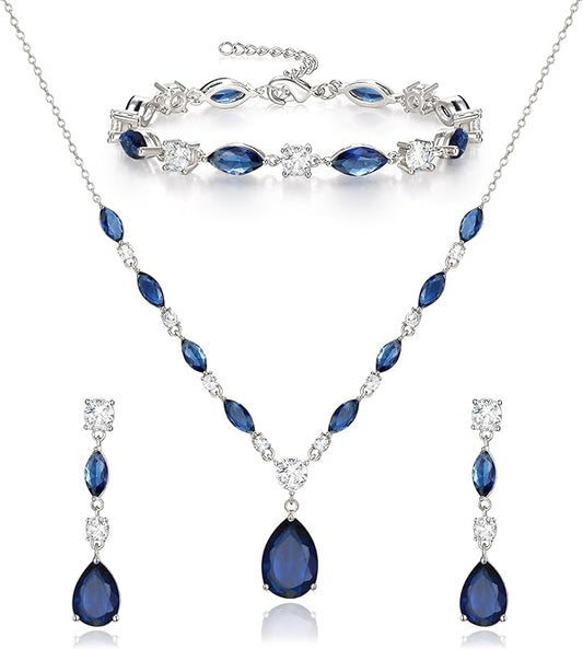 Crysdue Teardrop Bridal Jewelry Set for Wedding Party, Silver/14K/Rose Gold Plated Prom Costume Jewellery for Bride Bridesmaids Women, Cubic Zirconia Necklace Dangle Earrings Bracelet