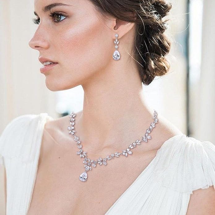 Crysdue Wedding Jewelry Set for Women, Floral Leaf Vine Teardrop Necklace Dangle Earrings Bracelet and Hair Comb, Cubic Zirconia Elegant Party Prom Jewellery for Bridal Bridesmaid