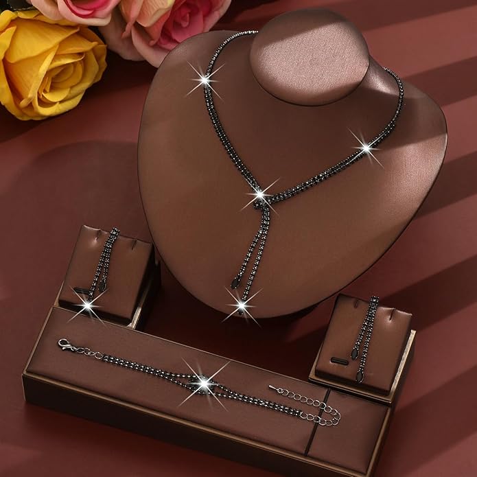 4 Pieces Cubic Zirconia Wedding Jewelry Sets for Bride Rhinestone Bridal Jewelry Set Necklace Bracelet Earring Ring for Brides Bridesmaid for Wedding Party