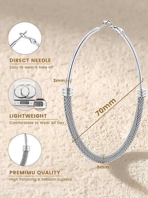 KeyStyle Mesh Hoop Earrings for Women, Stainless Steel Gold Hoops Earring Lightweight Loops, 2MM Thick Hypoallergenic Circle Endless Hollow Hoop 20mm-80mm