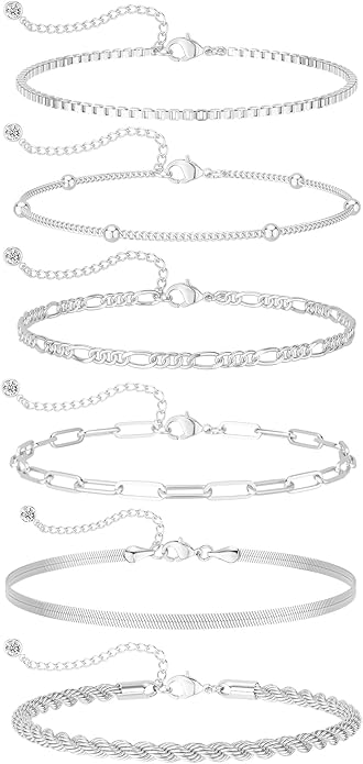 DEARMAY Dainty Silver Plated Bracelets for Women Trendy, Silver Jewelry Set for Women Bracelets for Women Paperclip Box Herringbone Figaro Rope Chain Bracelet Fashion Pack Gifts for Women