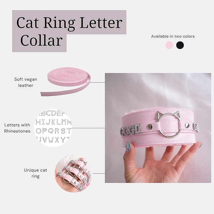 Handmade Collar Choker Necklace for Women – Cat Ear O-Ring Punk Goth Letter Choker,Black/Pink Furry Alt Fashion Jewelry
