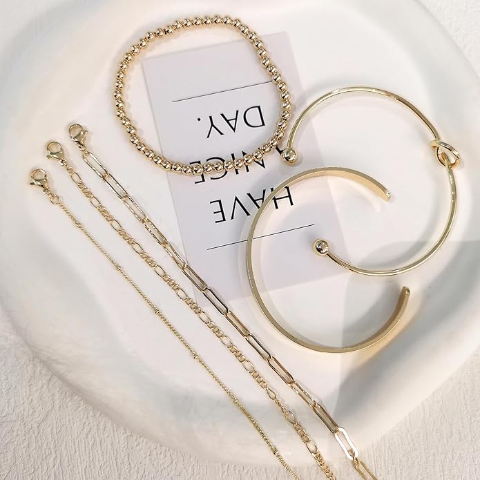 Gold Bracelets for Women 18k Gold Plated Bracelet Stack Bangle Cuff Bracelet Set for Women Non Tarnish Beaded/Paperclip/Cuban Link Chain Bracelets Jewelry for Women Trendy