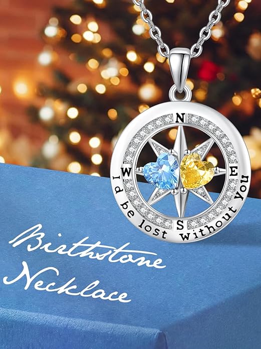 Compass Necklace for Women, Exquisite S925 Valentines Day Anniversary Birthday Gifts for Wife Her Double Birthstone Pendant Jewelry ‘I'd be Lost Without You’