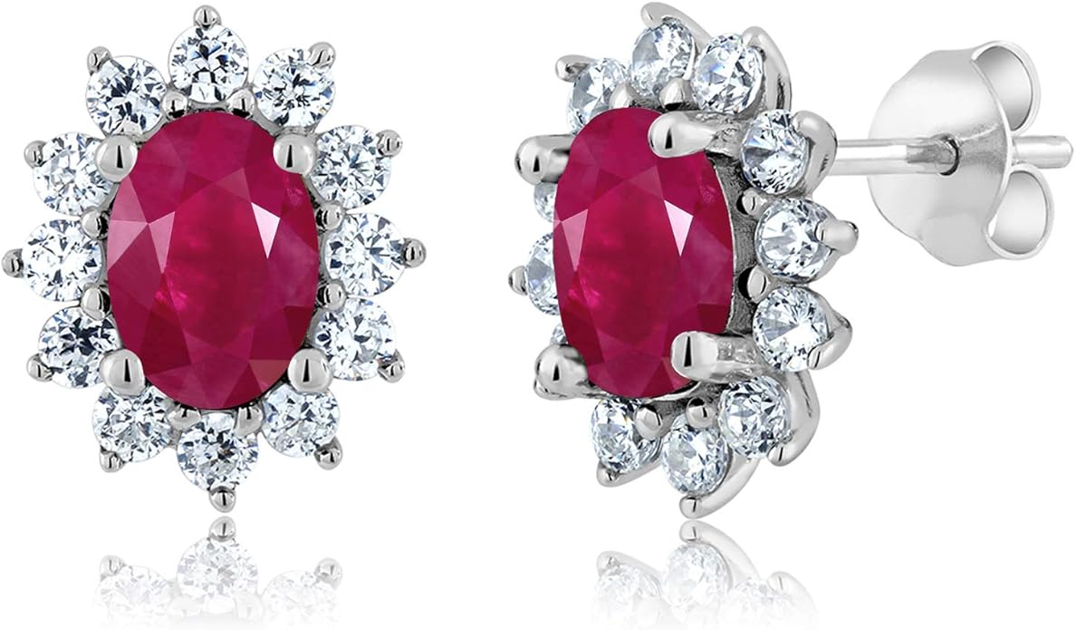Gem Stone King 7X5MM Oval Gemstone Birthstone Stud Earrings For Women | Princess Diana Royal Halo Style | 925 Sterling Silver | Fine Jewelry Gifts for Anniversary Wedding Her Mom Women Wife