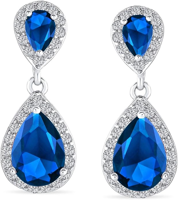 Vintage Style Bridal Cubic Zirconia Simulated Gemstone AAA CZ Halo Dangle Teardrop Chandelier Clip On Earrings For Women Silver Rose Gold Plated in Black Purple Blue Red Rose Pink Green Clear