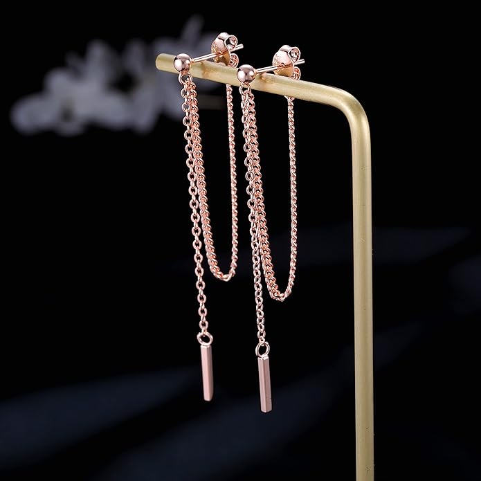 SLUYNZ Solid 925 Sterling Silver Bar Dangle Earrings for Women Minimalist Dangle Earrings Threader Chain