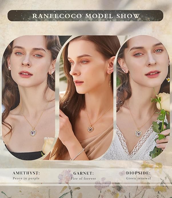 Raneecoco Natural Gemstone Necklace for Women 18K Gold Plated Sterling Silver Two-Tone Tree of Life & Love Heart Pendant Jewelry | Dainty Birthstone Gift For Her Mother Wife