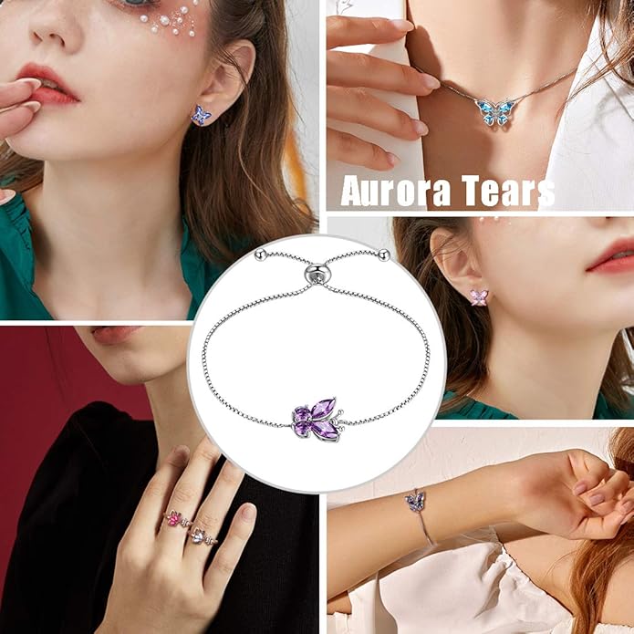 Aurora Tears Butterfly Jewelry,Women 925 Sterling Silver Butterflies Birthstone Pendant Necklace/Earrings/Rings Wedding Gift