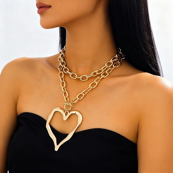 Chunky Gold Necklace Big Heart Necklace for Women Silver Large Statement Necklaces Thick Bold Chain Puffy Love Heart Charm Necklaces for Women with OT Toggle Silver Chunky Gold Jewelry Trendy Valentine's Day Gift