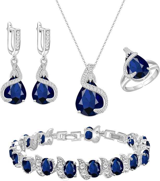 GZWHD Jewelry Set for Women Water Drop Cubic Zirconia Artificial Crystal Earrings Pendant Necklace Open Ring Tennis Bracelet Wedding Anniversary Birthday Engagement Gift for Bridesmaid Wife Girlfriend Friend