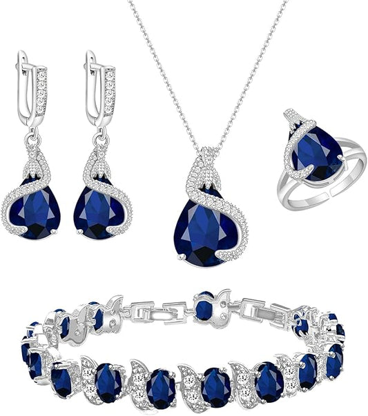 GZWHD Jewelry Set for Women Water Drop Cubic Zirconia Artificial Crystal Earrings Pendant Necklace Open Ring Tennis Bracelet Wedding Anniversary Birthday Engagement Gift for Bridesmaid Wife Girlfriend Friend