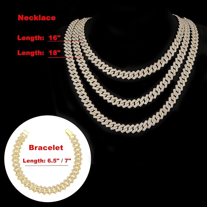 HH BLING EMPIRE 14k Gold/Silver Cuban Link Chain for Women Iced Out Diamond Chunky Cuban Link Necklace Chain Bracelet 2pcs Sets