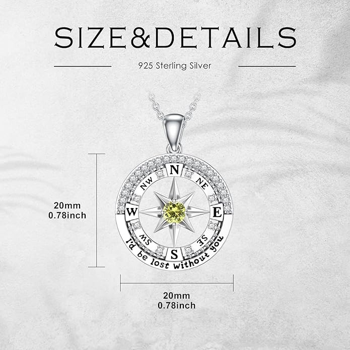 Compass Birthstone Necklace Gift for 2025 Graduation 925 Sterling Silver Compass ‘I'd be Lost Without You’ Pendant Necklaces Jewelry for Women Her Wife Gift for Birthday Anniversary