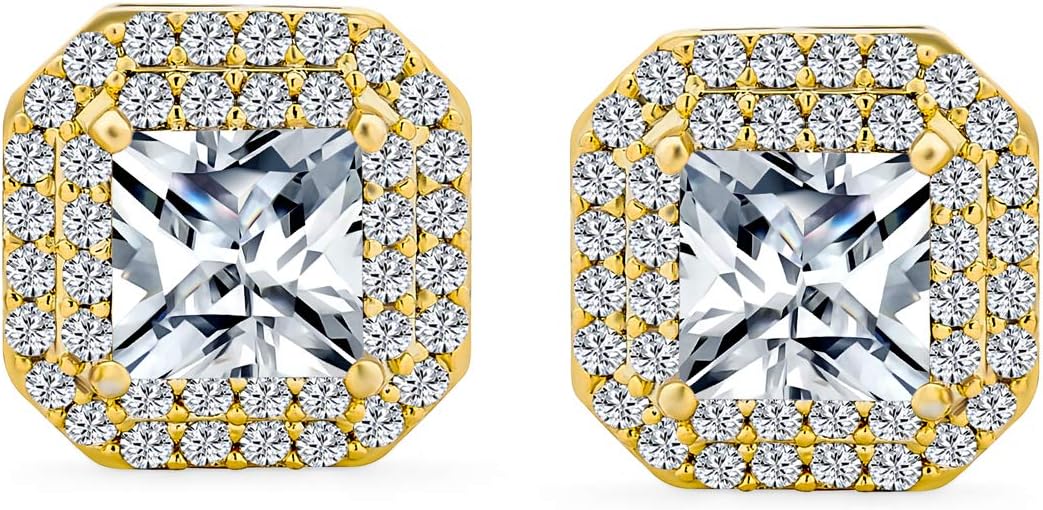 Bridal Art Deco Estate Jewelry Style Fashion Simulated Emerald Green Cubic Zirconia Pave Baguette Halo AAA CZ Square Large Oval Stud Clip On Earrings For Women Wedding Yellow 14K Gold Silver Plated
