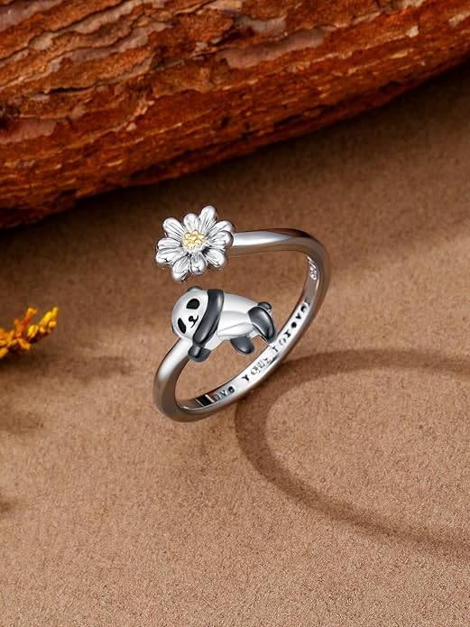 Animal Open Ring 925 Sterling Silver Koala/Panda/Highland Cow/Elephant Adjustable Ring Cute Animal Daisy Jewelry Gifts for Women
