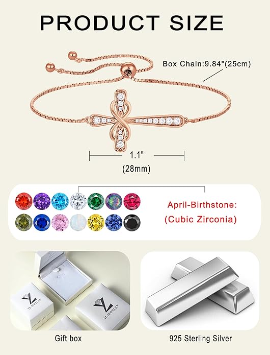 YL Cross Bracelet 925 Sterling Silver Infinity Sideways Link Bracelet Birthstone Jewelry for Women
