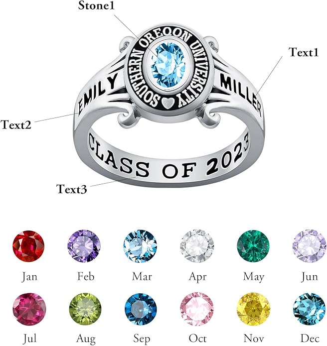 Custom Class Ring 925 Sterling Silver Birthstone Customized Personalized High School College University Women's Class Ring Graduation Gifts