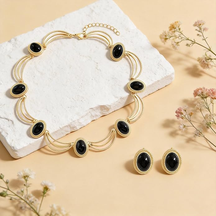 Black and Gold Jewelry Sets for Women, Gold Plated Textured Metal Necklace and Earrings Set with Deep Black Oval Stones, Coordinated Accessories for Wedding Party Gala