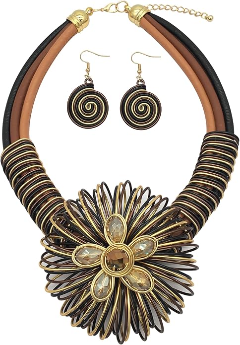 Statement African Necklace For Women African Jewelry Costume Earring Sets Tribal Fashion Colorful Big Rhinestone Crystal Pendent Collar Choker Bold Chunky Bib Handmade