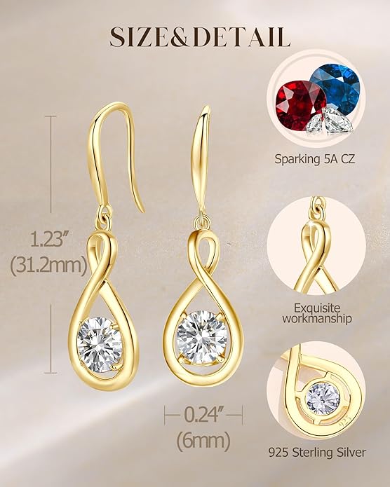 FANCIME Valentines Day Gift Dangle Drop Earrings 925 Sterling Silver Dainty Infinity Round Gemstone Birthstone Jewelry Birthday Gifts for Her Women