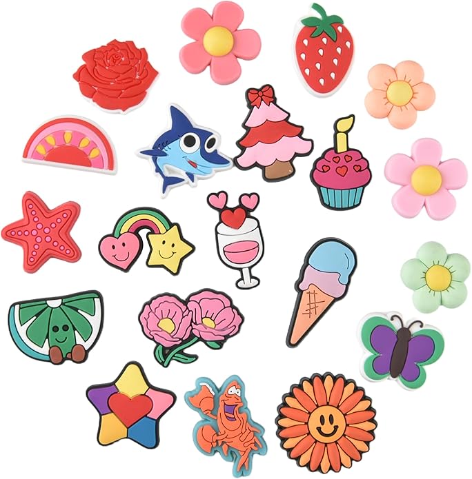 20PCS Cute Shoe Charms for Girls Teens - PVC Flower, Rainbow, Dessert Shoe Clips Decorations for Holely Shoes, Sneakers, Casual Footwear