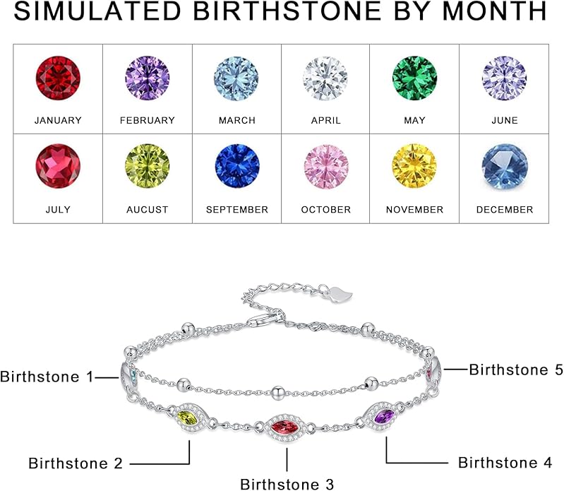 Evil Eye Birthstone Charm Link Bracelet 925 Sterling Silver Evil Eye Bracelet with 12 Months Birthstone Birthday Jewelry Gifts for Women Mom Her,Chain Length 7"+2" Extend