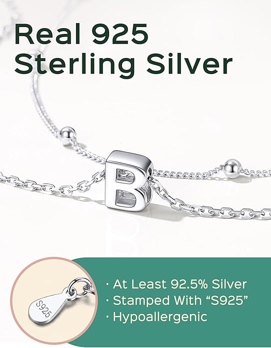 ChicSilver Layered Initial Necklace for Women, 925 Sterling Silver Personalized Letter A-Z Pendant Necklaces, Hypoallergenic Silver Choker with Adjustable 16" Rolo Chain, Dainty Birthday jewelry
