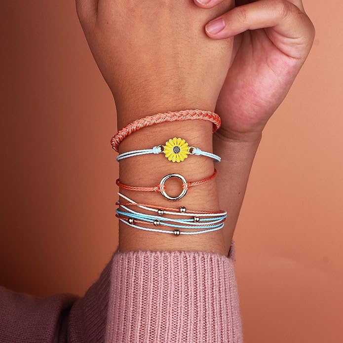 FANCY SHINY Sunflower String Bracelet Boho Braided Rope Wrap Bracelets Cute Summer Beach Surfer Jewelry for Women