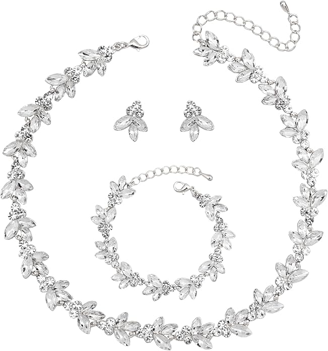 Bridal Wedding Crystal Leaf Choker Necklace Dangle Earring Bracelet Brides Bridesmaid Jewelry Set for Women