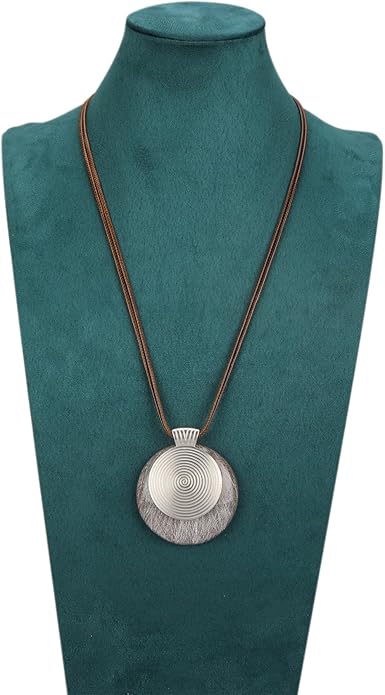 Boho Leather Necklace Women Bohemian Brown Circle Pendant Necklace Choker Long Necklaces for Women Boho Ring Large Pendant